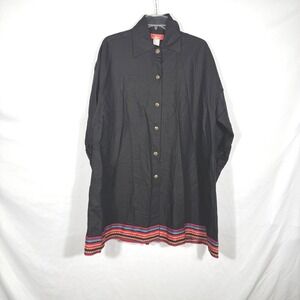 Zox Mozak Women's Black Linen Rayon Button Down Dress Size 10 Aztec Trim